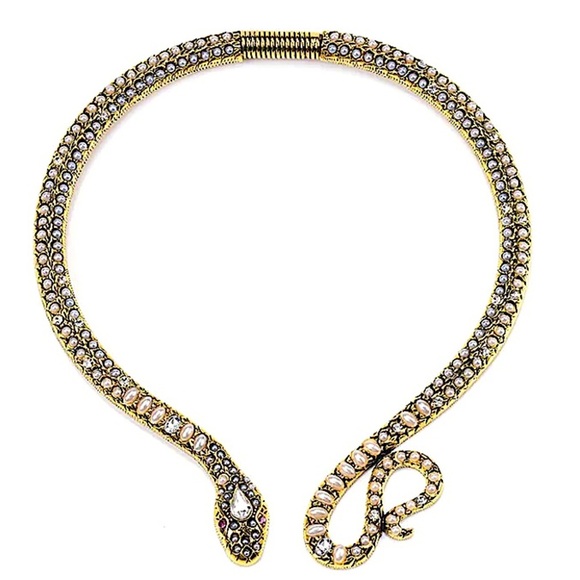 Vintage Pearl Snake Moissanita Stone Necklace Choker Viper Animal Jewelry - Picture 4 of 5